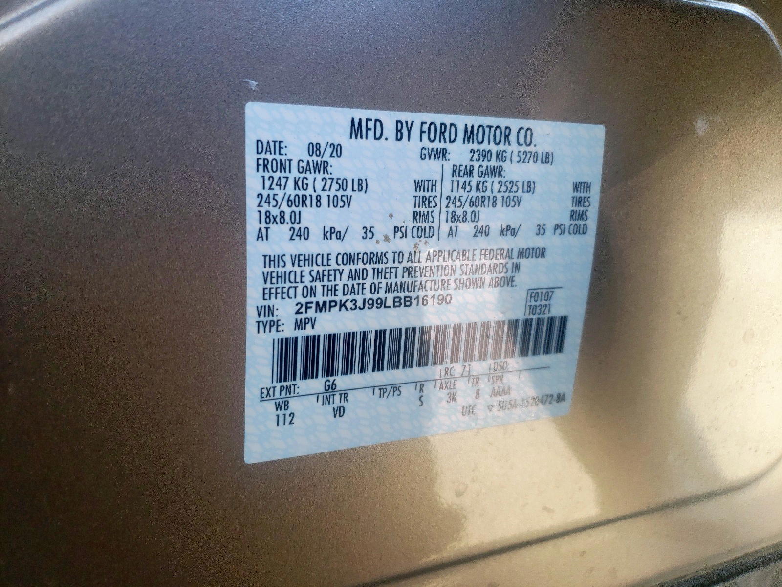 Photo 10 from auction – 2020 FORD EDGE SEL with VIN 2FMPK3J99LBB16190