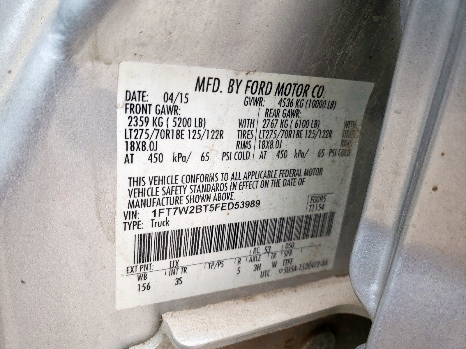 Photo 10 from auction – 2015 FORD F250 SUPER with VIN 1FT7W2BT5FED53989