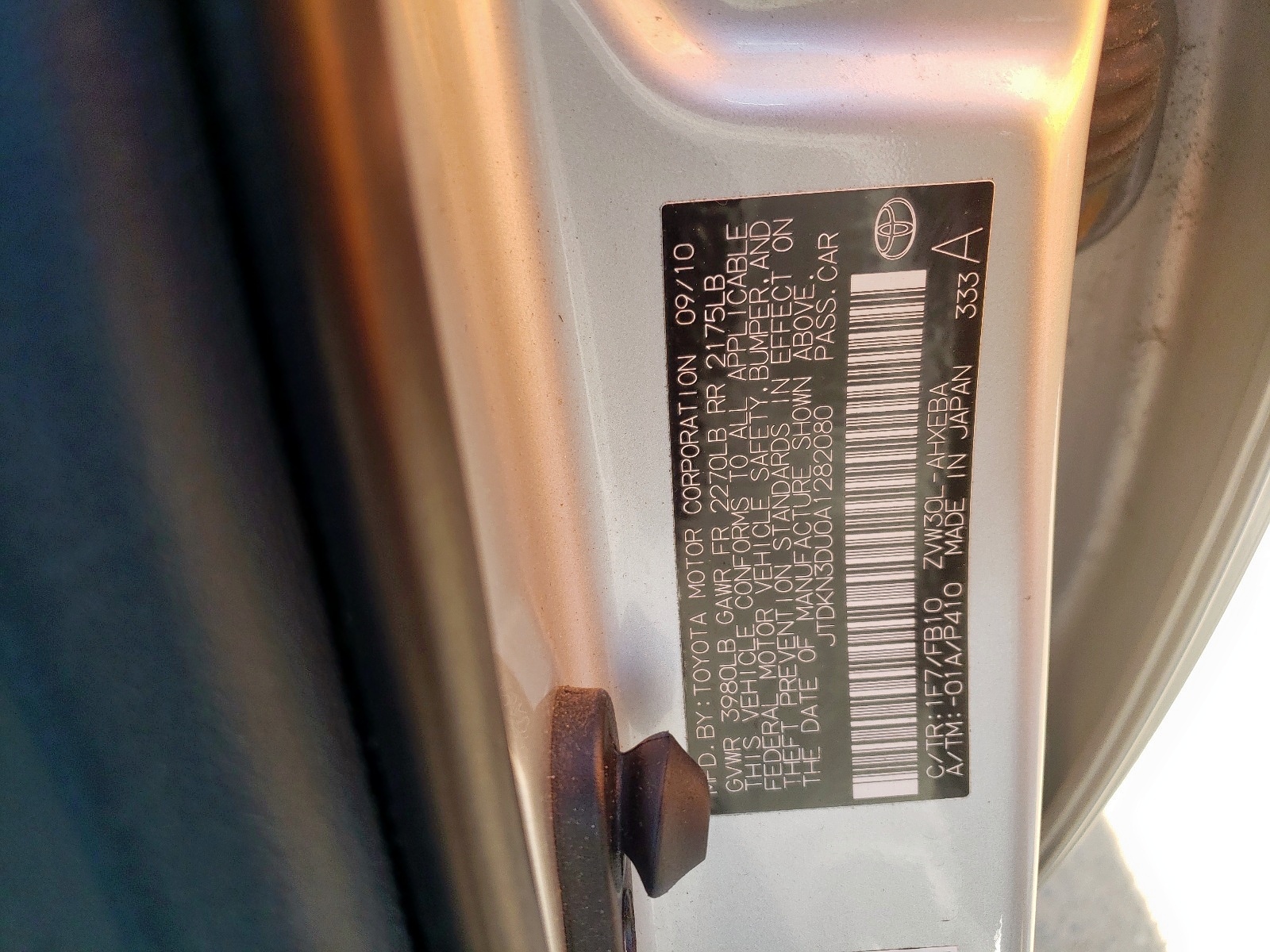 Photo 10 from auction – 2010 TOYOTA PRIUS with VIN JTDKN3DU0A1282080