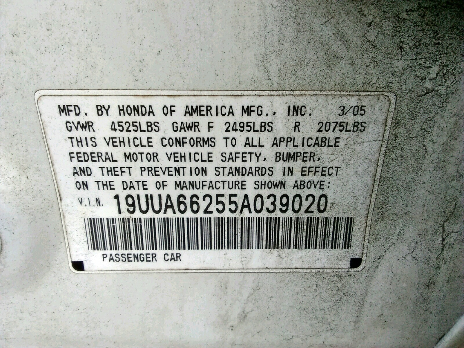 Photo 20 from auction – 2005 ACURA TL with VIN 19UUA66255A039020