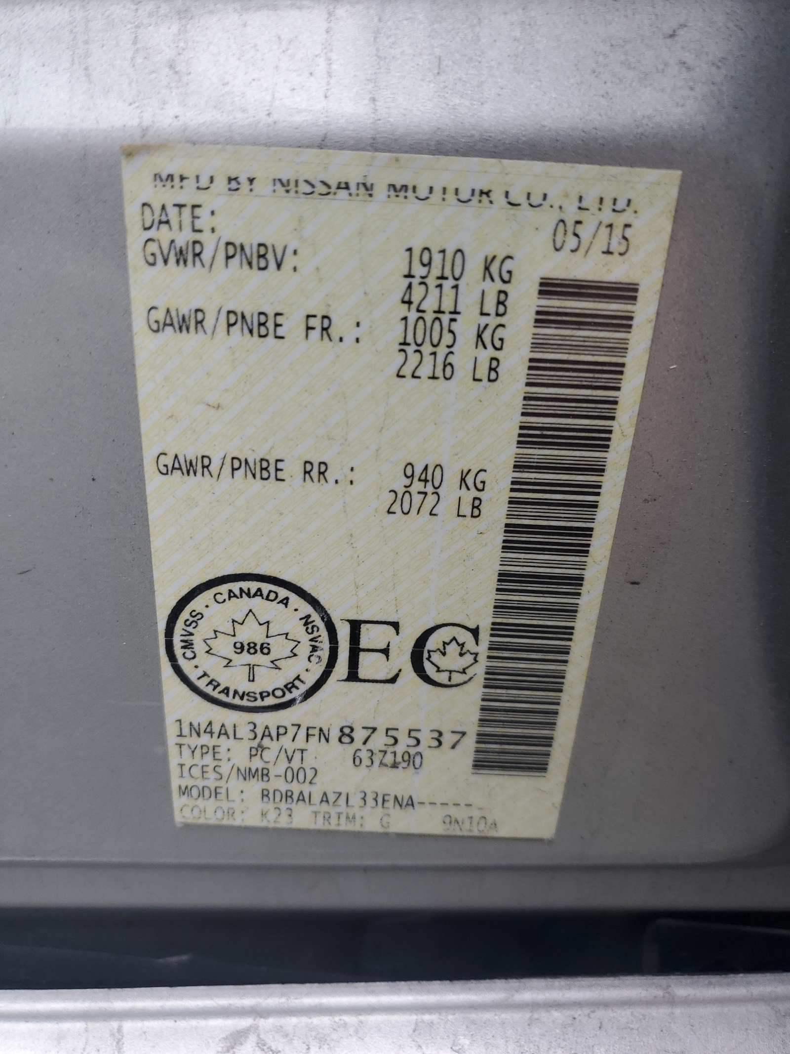 Photo 10 from auction – 2015 NISSAN ALTIMA 2.5 with VIN 1N4AL3AP7FN875537