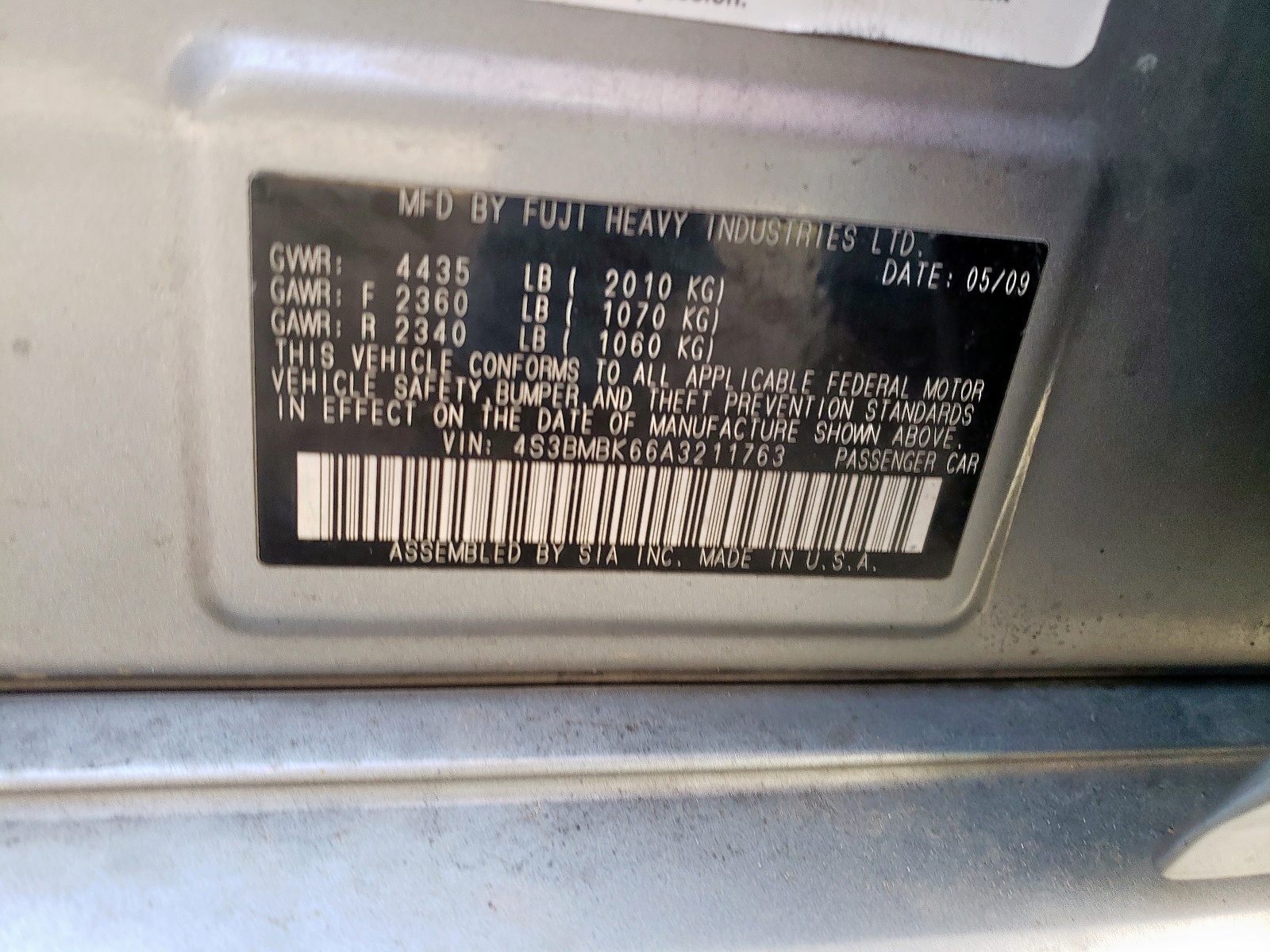 Photo 10 from auction – 2010 SUBARU LEGACY 2.5 with VIN 4S3BMBK66A3211763
