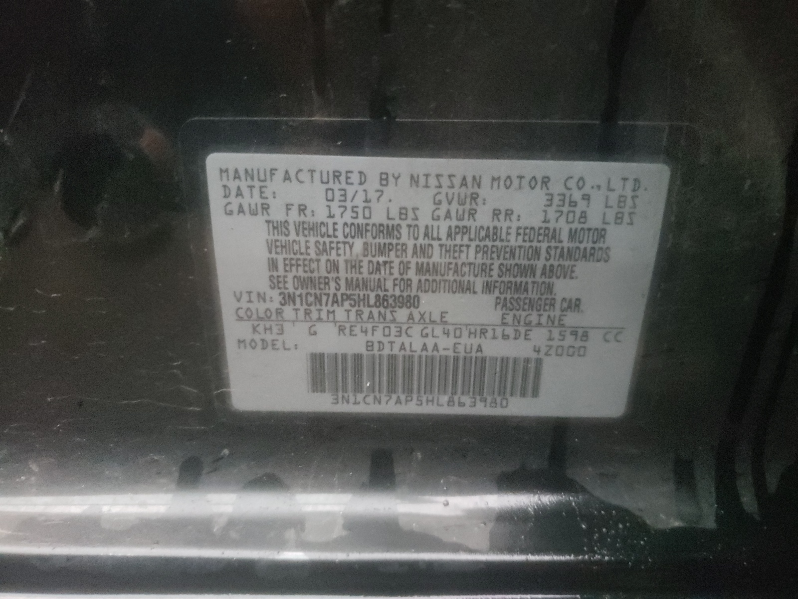 Photo 10 from auction – 2017 NISSAN VERSA S with VIN 3N1CN7AP5HL863980