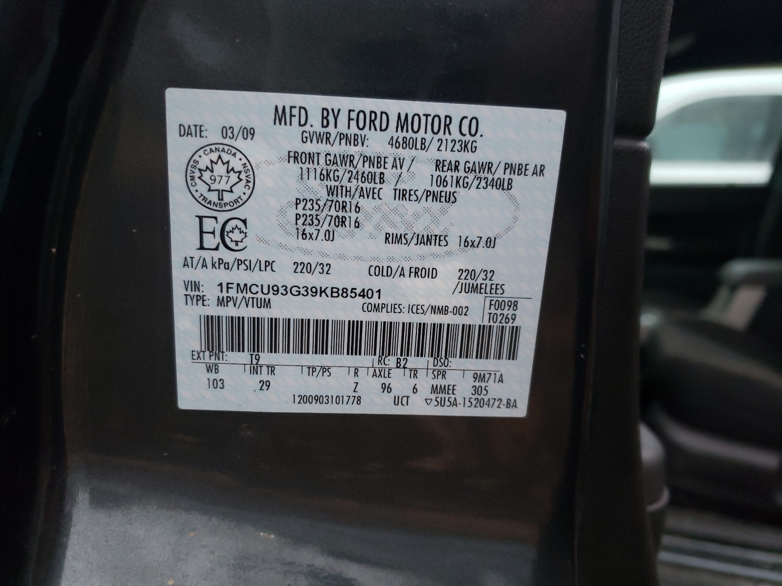 Photo 10 from auction – 2009 FORD ESCAPE XLT with VIN 1FMCU93G39KB85401