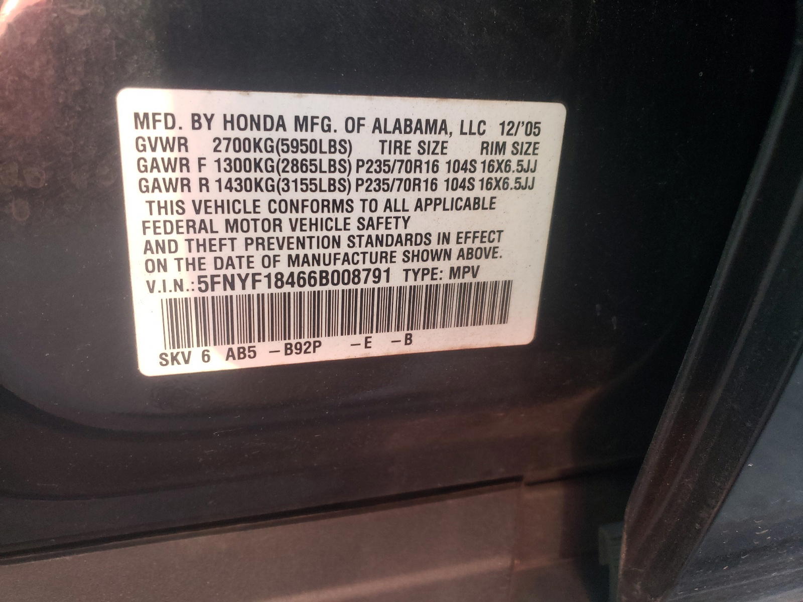 Photo 10 from auction – 2006 HONDA PILOT EX with VIN 5FNYF18466B008791
