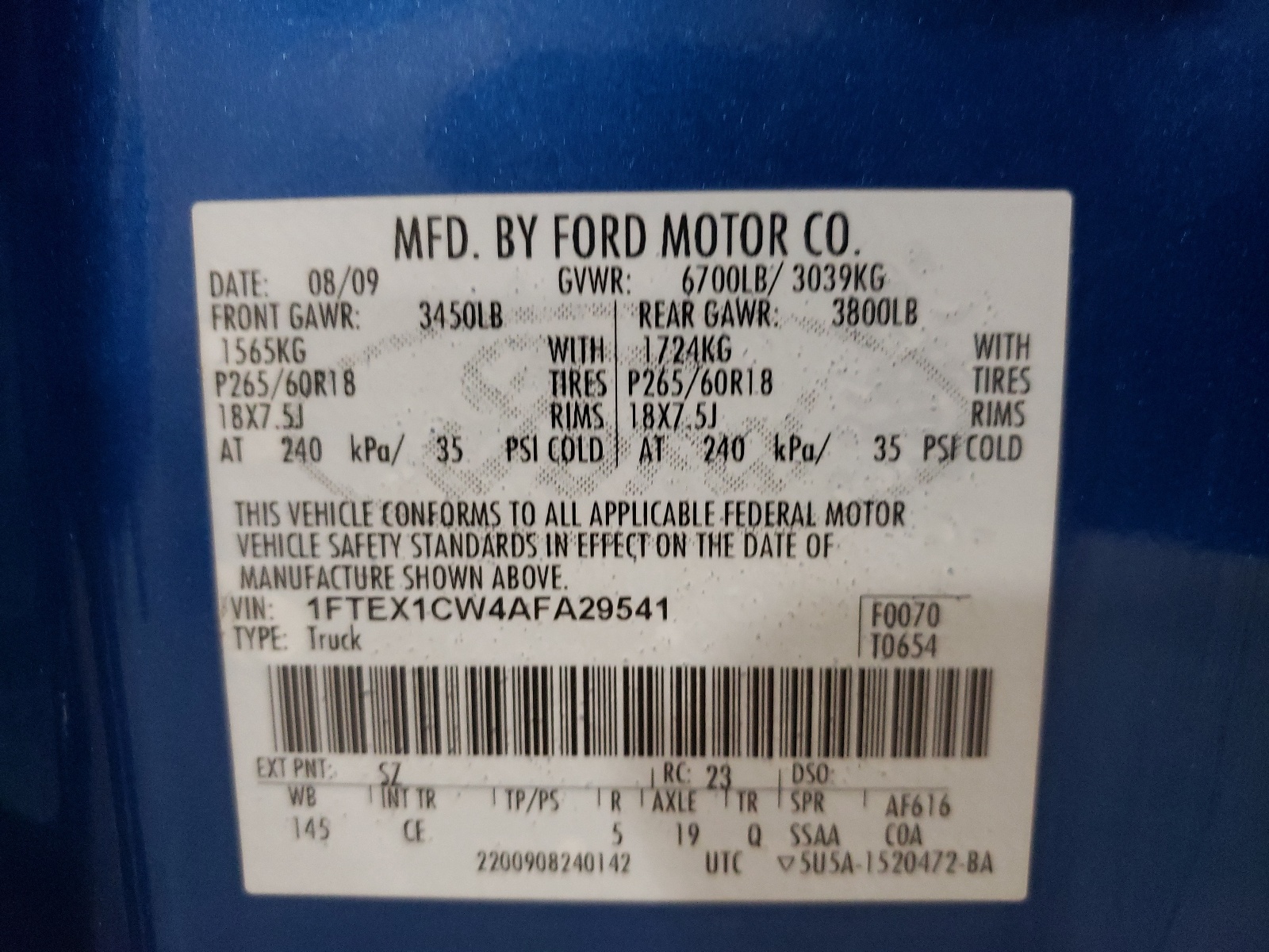 Photo 10 from auction – 2010 FORD F150 SUPER with VIN 1FTEX1CW4AFA29541
