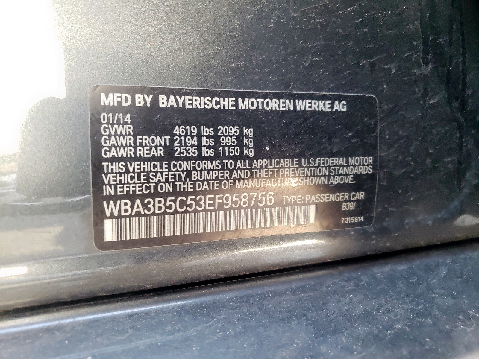 Photo 10 from auction – 2014 BMW 328 XI SUL with VIN WBA3B5C53EF958756