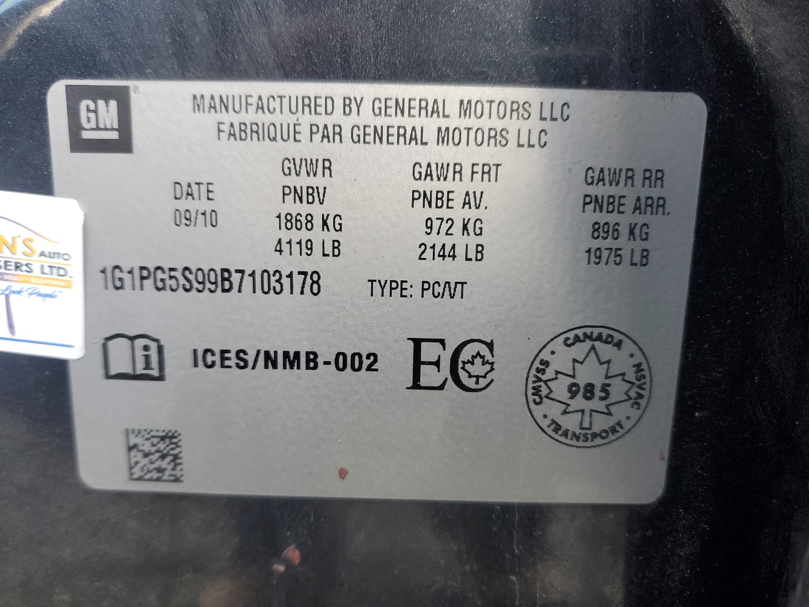 Photo 10 from auction – 2011 CHEVROLET CRUZE LT with VIN 1G1PG5S99B7103178