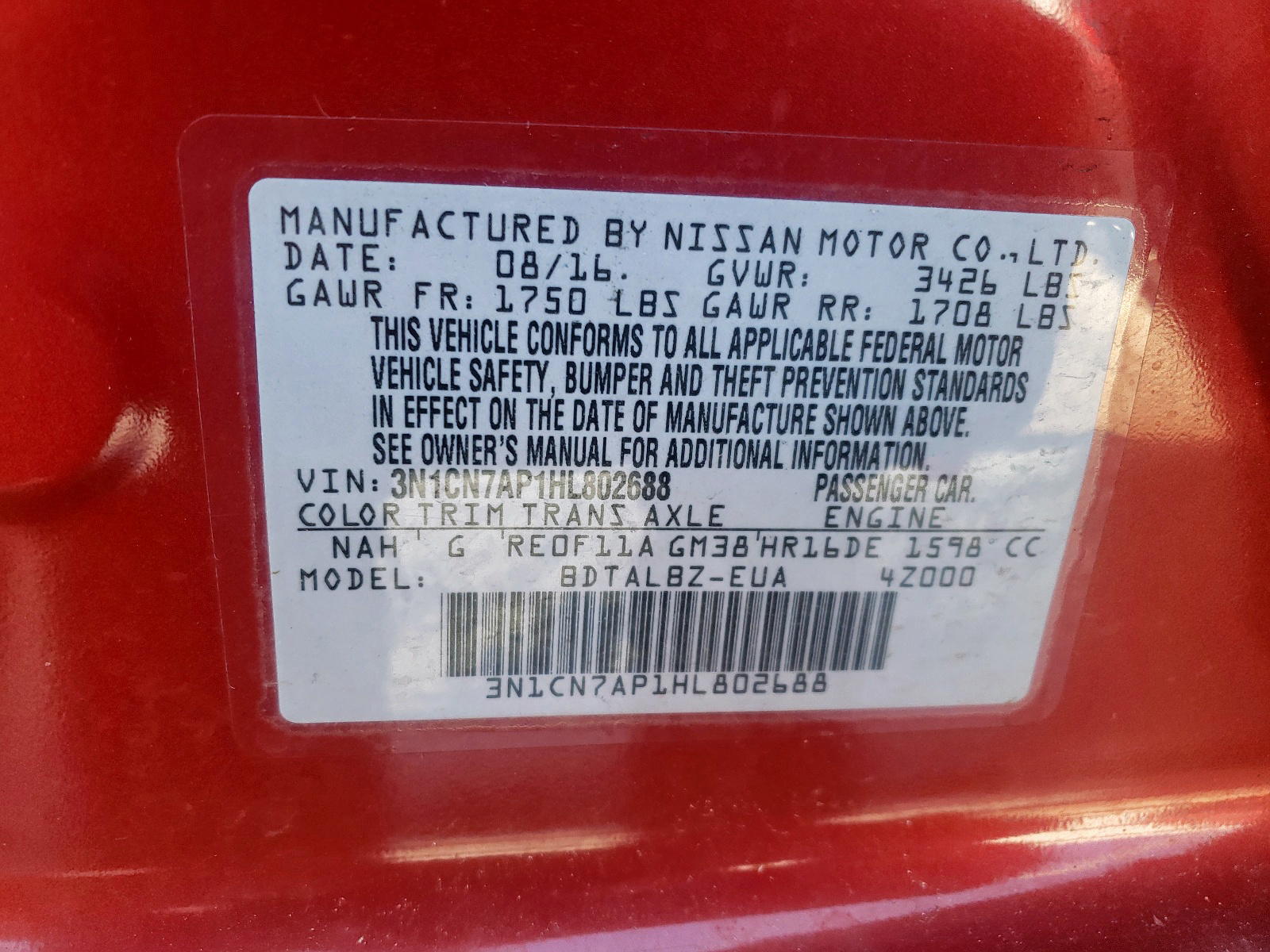 Photo 10 from auction – 2017 NISSAN VERSA S with VIN 3N1CN7AP1HL802688