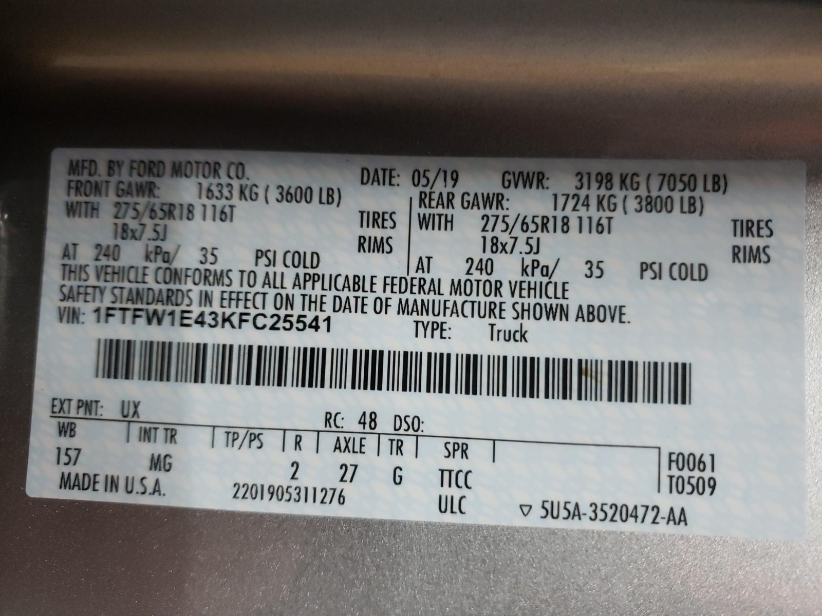 Photo 10 from auction – 2019 FORD F150 SUPER with VIN 1FTFW1E43KFC25541