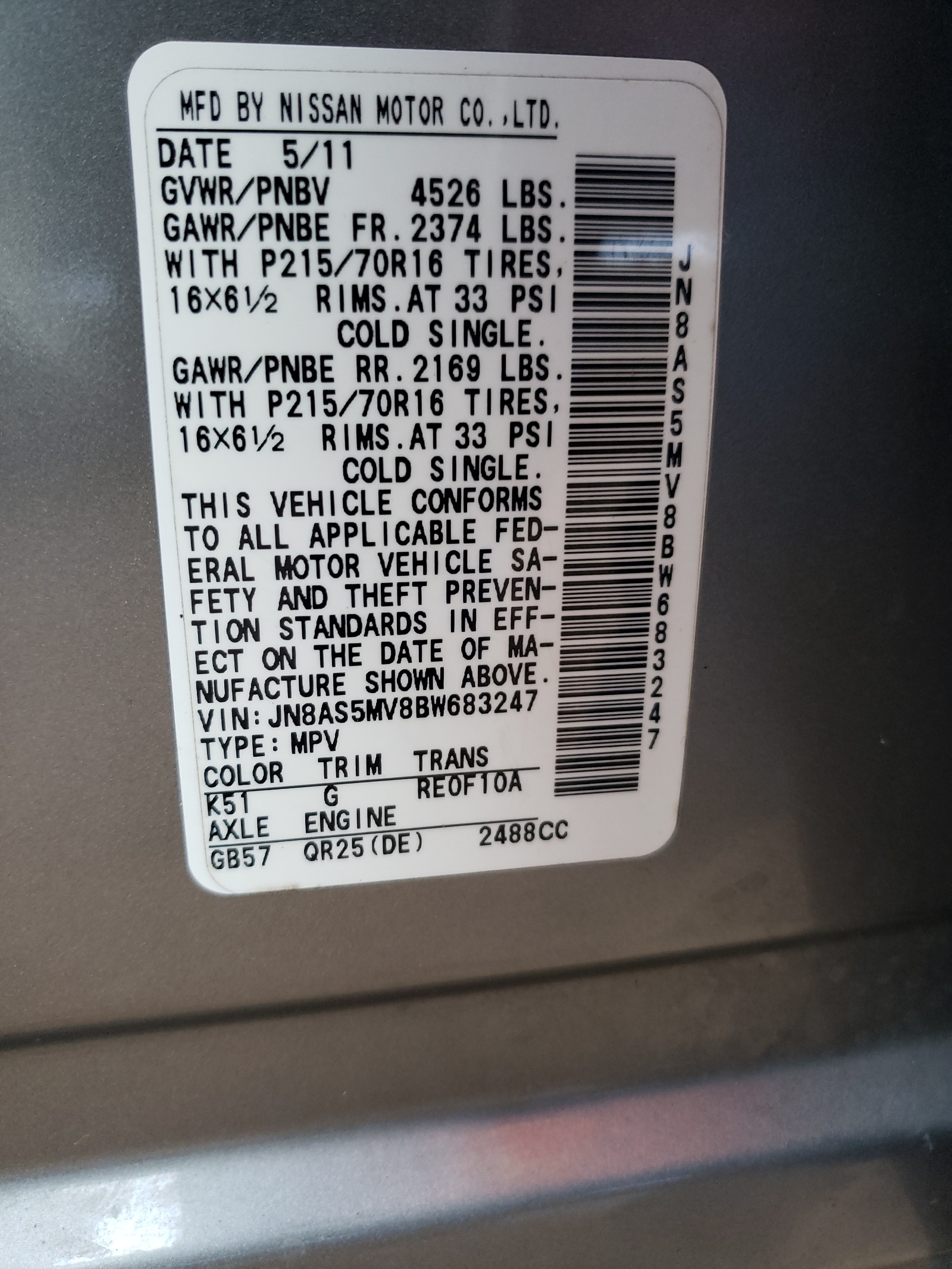 Photo 10 from auction – 2011 NISSAN ROGUE S with VIN JN8AS5MV8BW683247