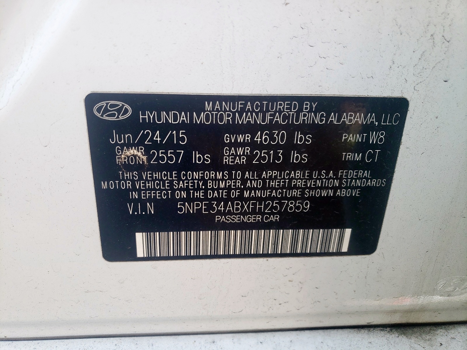 Photo 10 from auction – 2015 HYUNDAI SONATA with VIN 5NPE34ABXFH257859