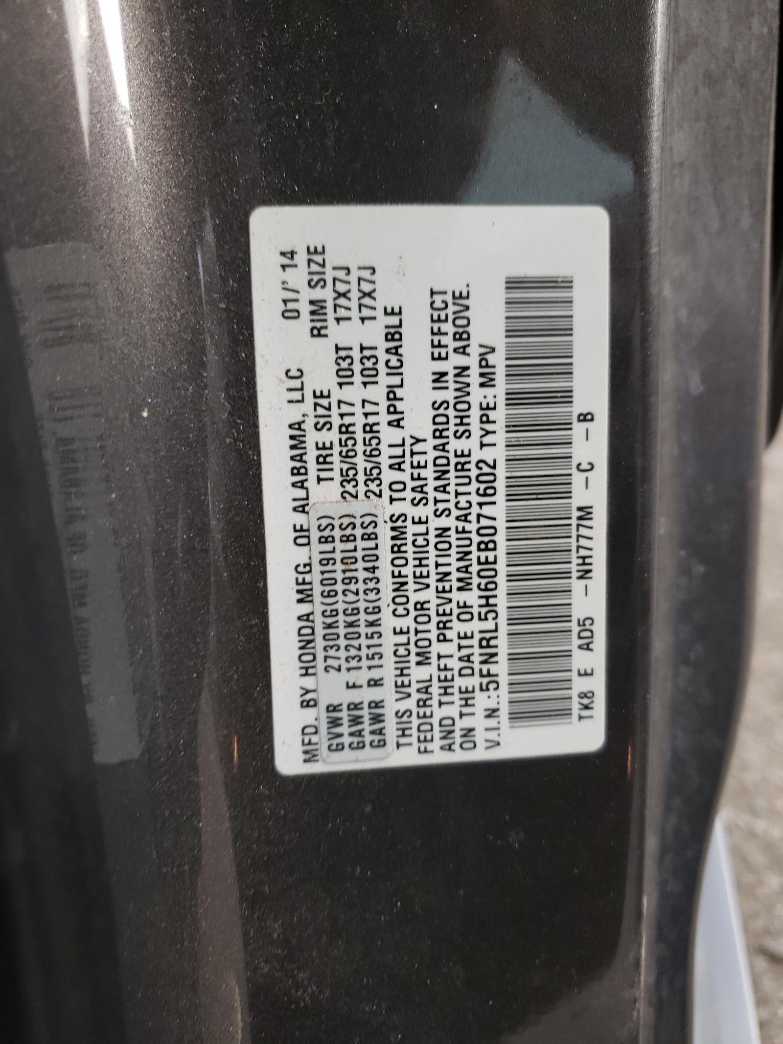 Photo 10 from auction – 2014 HONDA ODYSSEY EX with VIN 5FNRL5H60EB071602