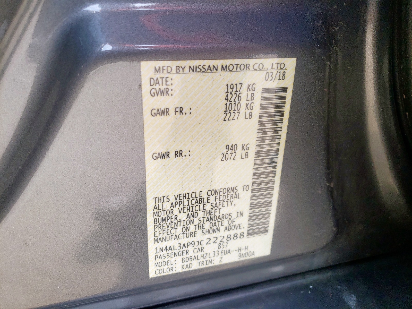 Photo 10 from auction – 2018 NISSAN ALTIMA 2.5 with VIN 1N4AL3AP9JC222888