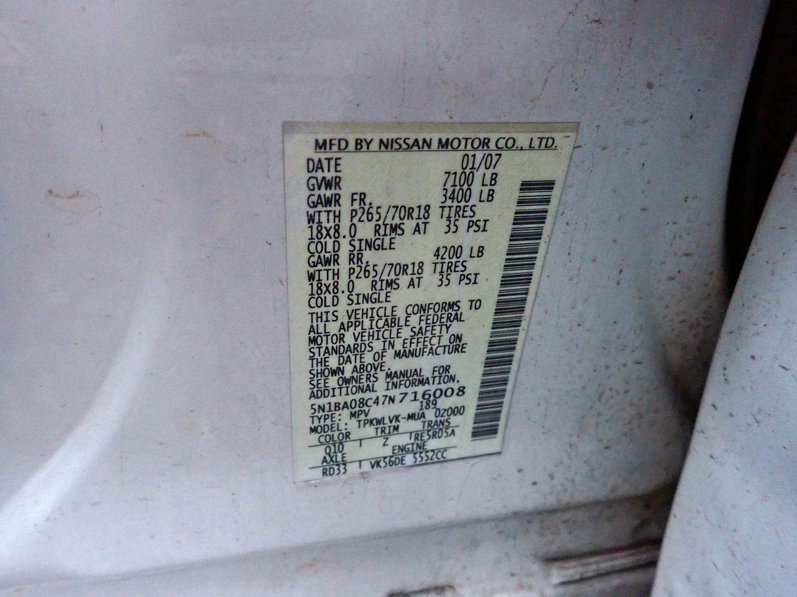 Photo 10 from auction – 2007 NISSAN ARMADA SE with VIN 5N1BA08C47N716008