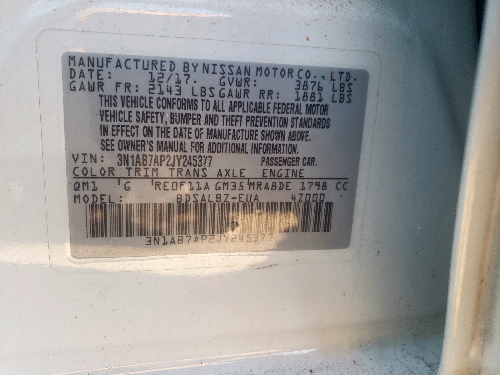 Photo 10 from auction – 2018 NISSAN SENTRA S with VIN 3N1AB7AP2JY245377