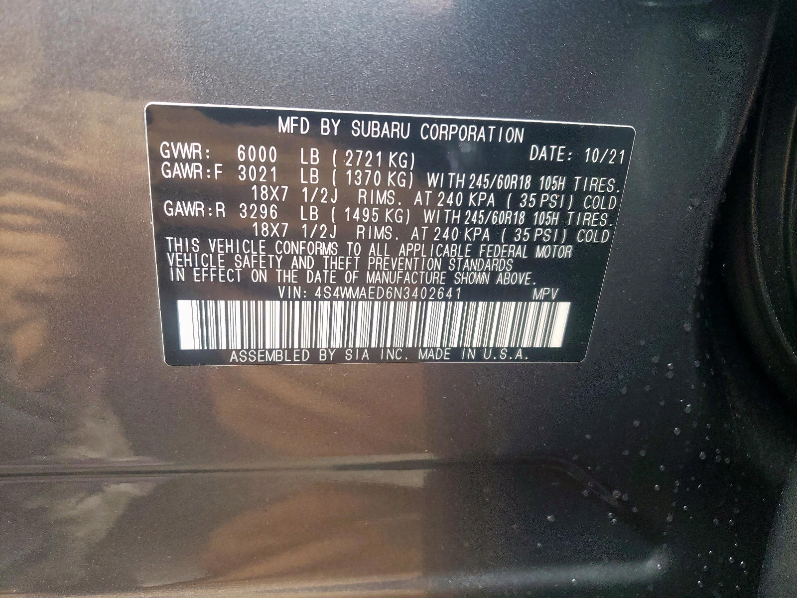 Photo 10 from auction – 2022 SUBARU ASCENT PRE with VIN 4S4WMAED6N3402641