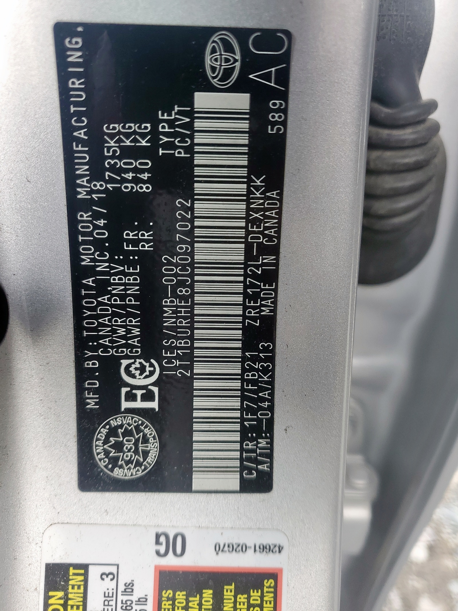 Photo 10 from auction – 2018 TOYOTA COROLLA L with VIN 2T1BURHE8JC097022