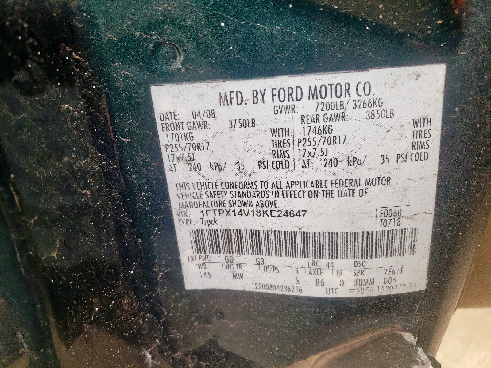 Photo 10 from auction – 2008 FORD F150 with VIN 1FTPX14V18KE24647