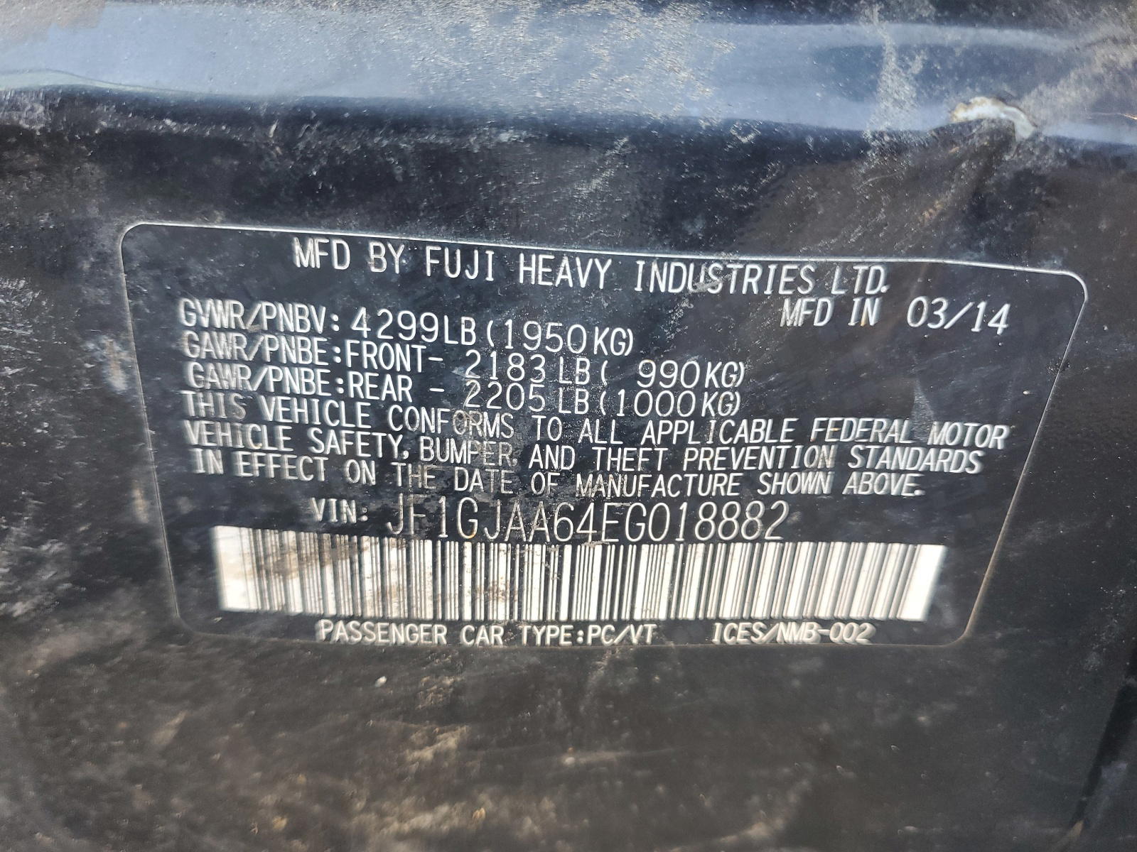 Photo 10 from auction – 2014 SUBARU IMPREZA with VIN JF1GJAA64EG018882