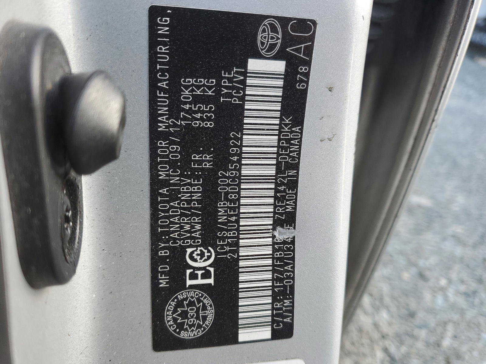 Photo 10 from auction – 2013 TOYOTA COROLLA BA with VIN 2T1BU4EE8DC954922