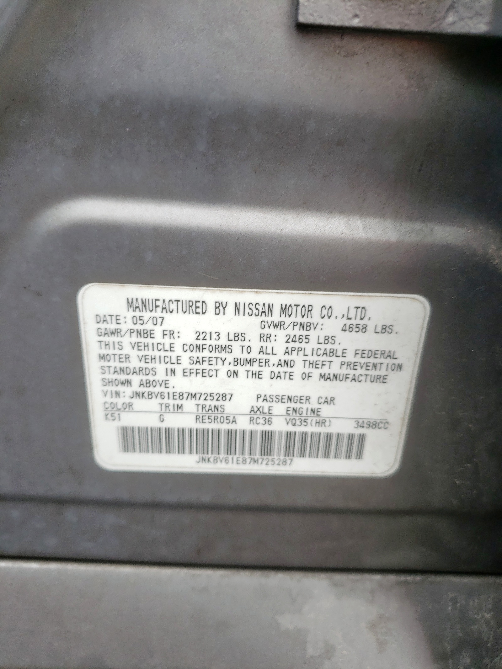 Photo 10 from auction – 2007 INFINITI G35 with VIN JNKBV61E87M725287