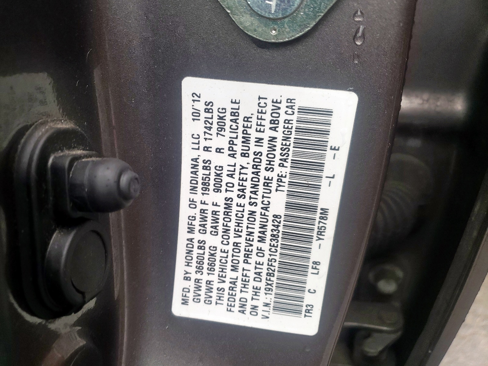 Photo 10 from auction – 2012 HONDA CIVIC LX with VIN 19XFB2F51CE383428