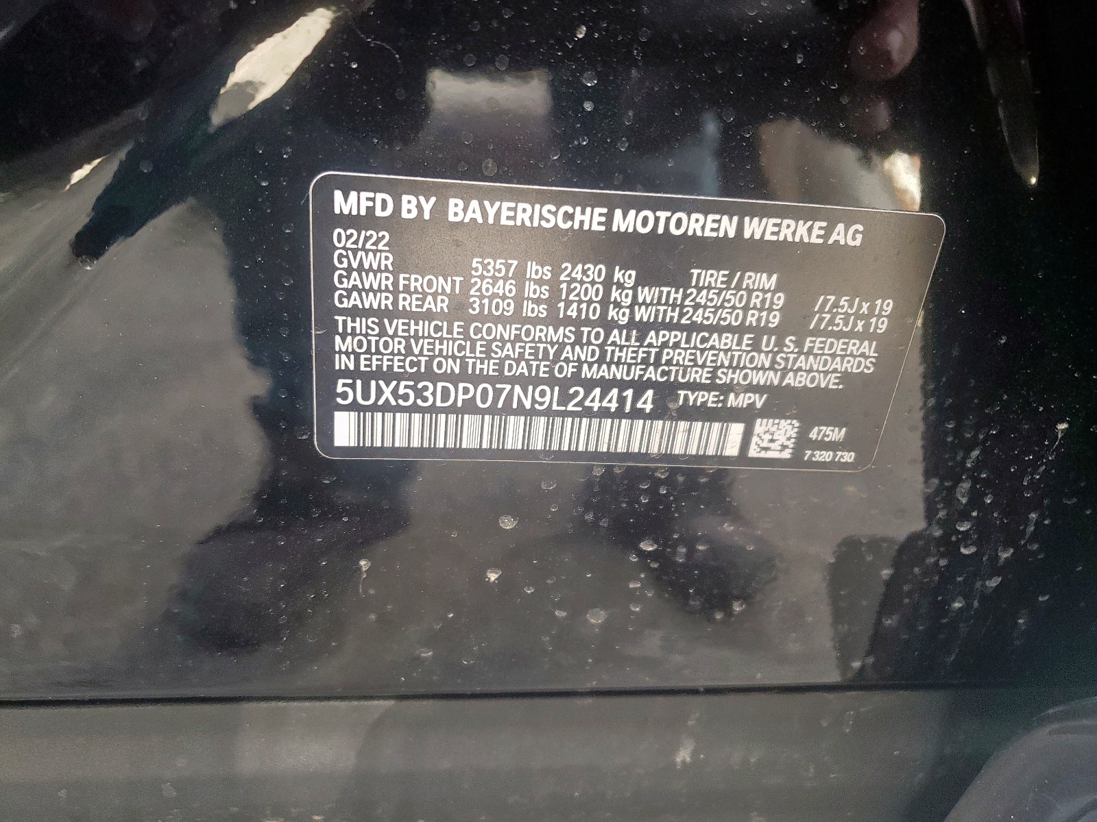 Photo 10 from auction – 2022 BMW X3 XDRIVE3 with VIN 5UX53DP07N9L24414