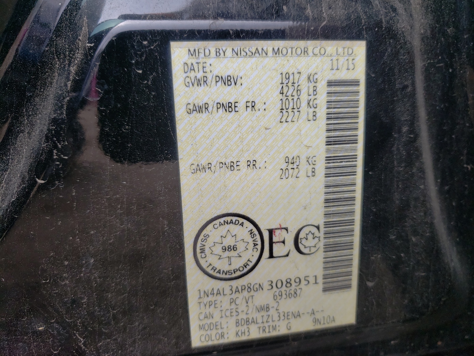 Photo 10 from auction – 2016 NISSAN ALTIMA 2.5 with VIN 1N4AL3AP8GN308951