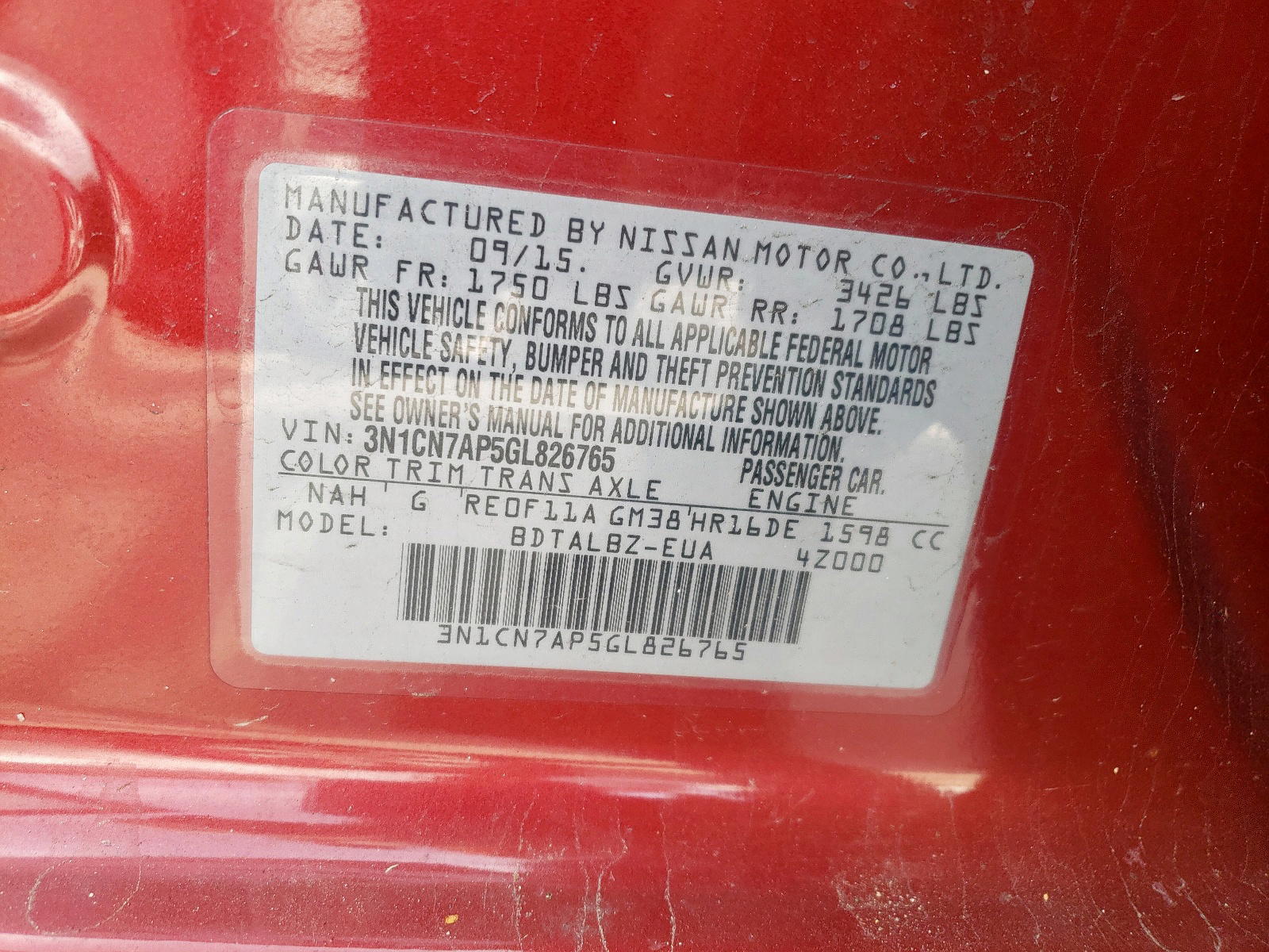 Photo 10 from auction – 2016 NISSAN VERSA S with VIN 3N1CN7AP5GL826765
