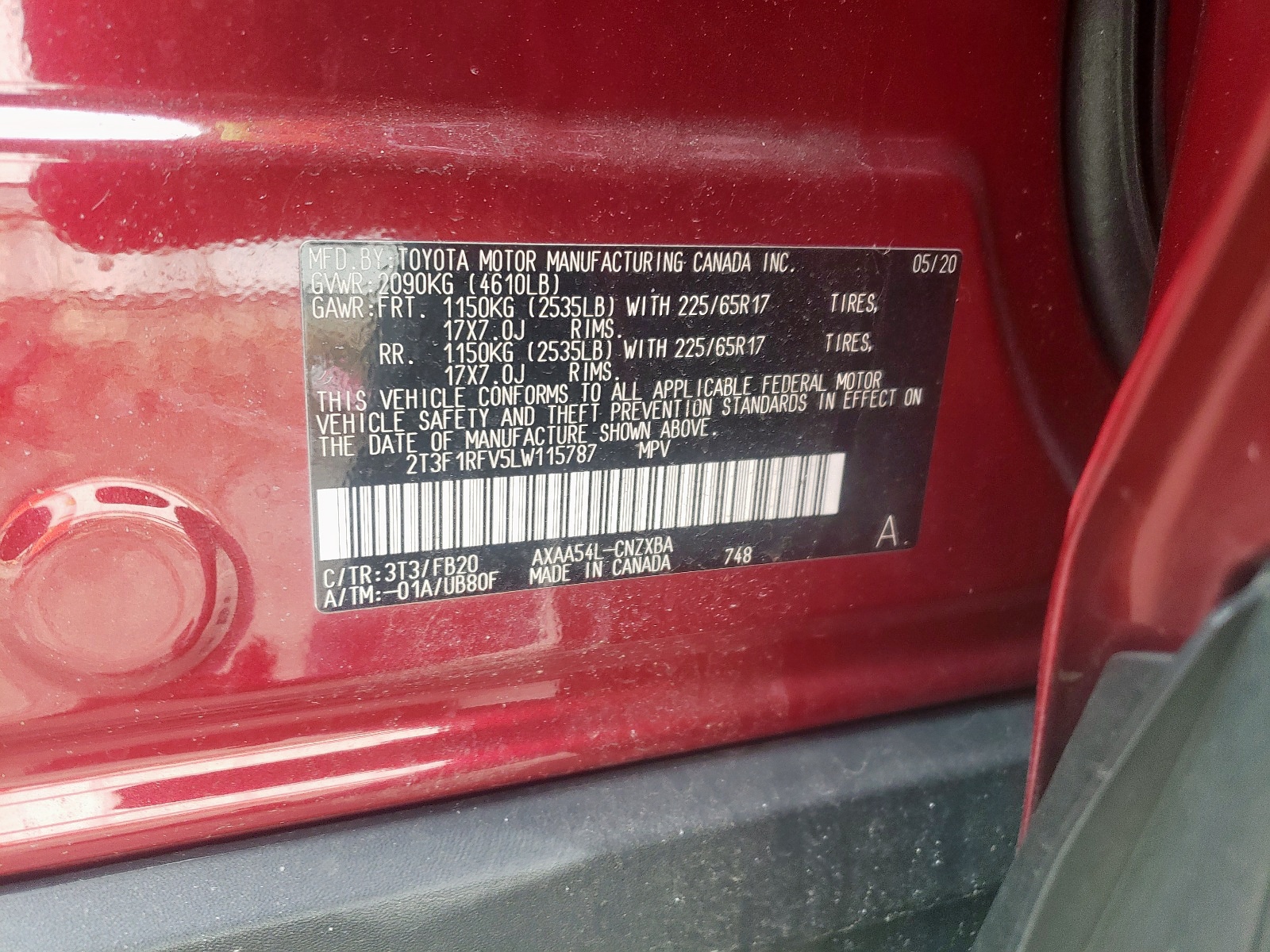 Photo 10 from auction – 2020 TOYOTA RAV4 LE with VIN 2T3F1RFV5LW115787