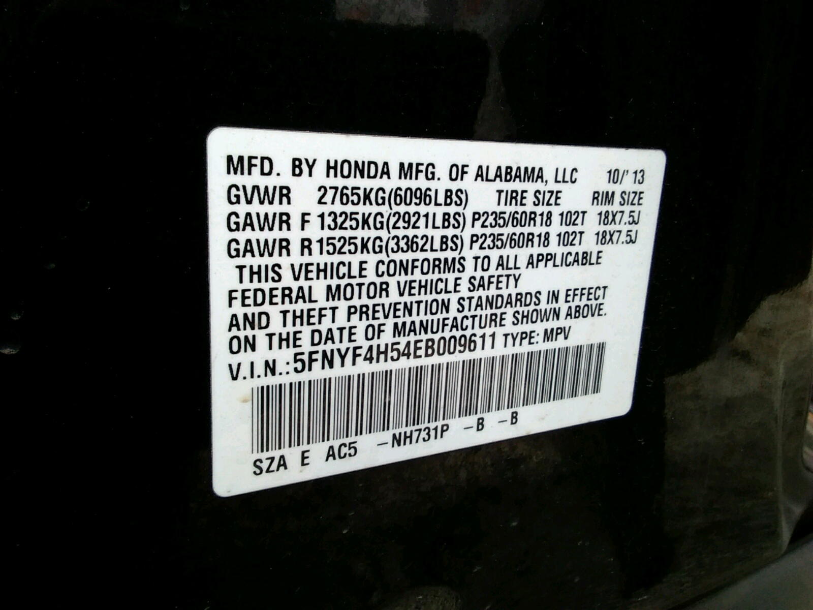 Photo 10 from auction – 2014 HONDA PILOT EXL with VIN 5FNYF4H54EB009611
