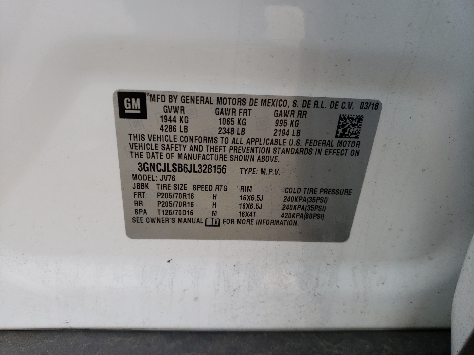Photo 10 from auction – 2018 CHEVROLET TRAX 1LT with VIN 3GNCJLSB6JL328156