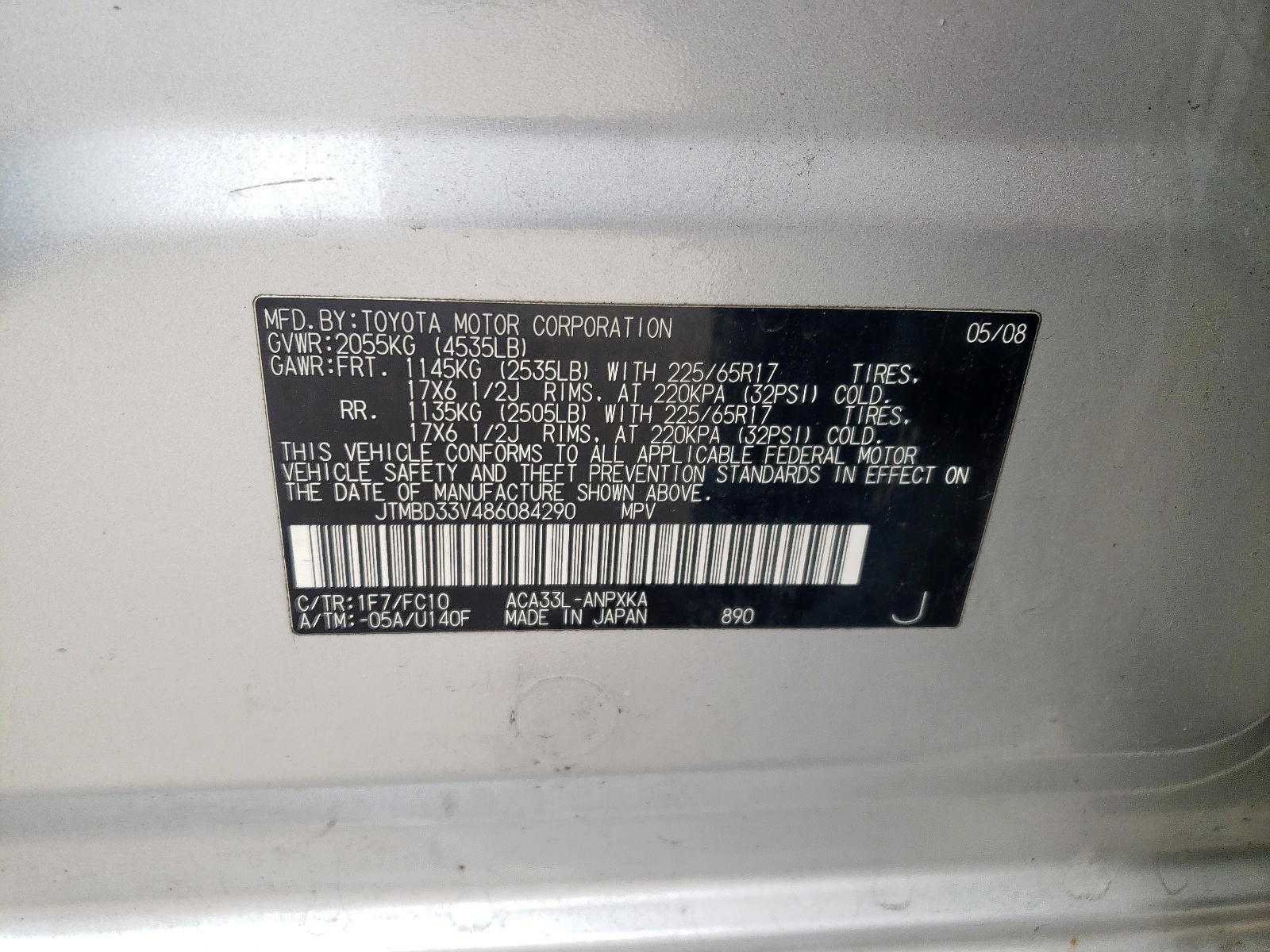 Photo 10 from auction – 2008 TOYOTA RAV4 with VIN JTMBD33V486084290