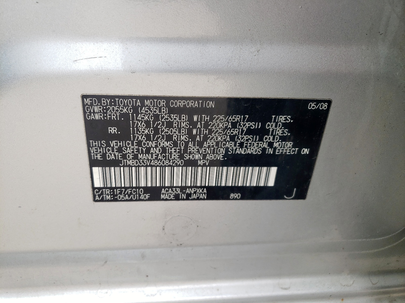Zdjęcie 10 z aukcji – 2008 TOYOTA RAV4 z VIN JTMBD33V486084290