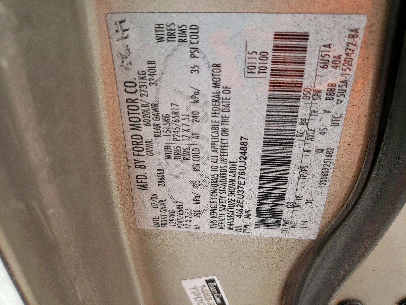 Photo 10 from auction – 2006 MERCURY MOUNTAINEE with VIN 4M2EU37E76UJ24887
