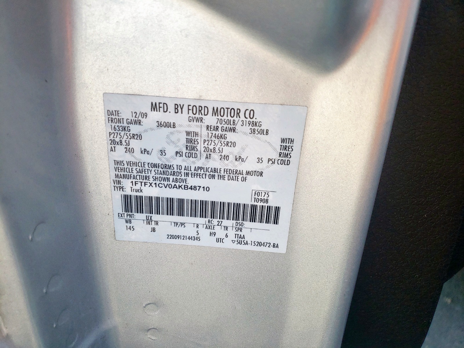 Photo 10 from auction – 2010 FORD F150 SUPER with VIN 1FTFX1CV0AKB48710