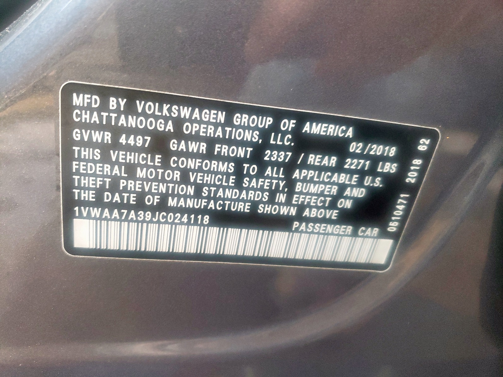 Photo 10 from auction – 2018 VOLKSWAGEN PASSAT S with VIN 1VWAA7A39JC024118