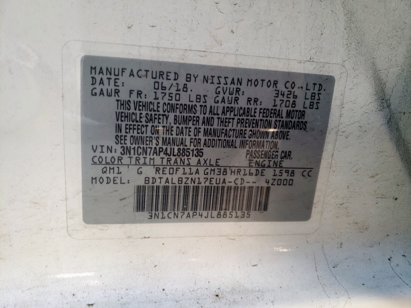 Photo 10 from auction – 2018 NISSAN VERSA S with VIN 3N1CN7AP4JL885135