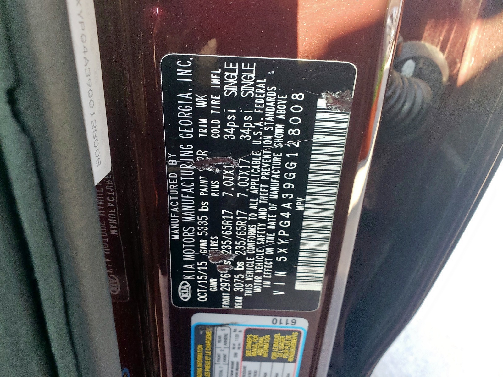 Photo 10 from auction – 2016 KIA SORENTO LX with VIN 5XYPG4A39GG128008