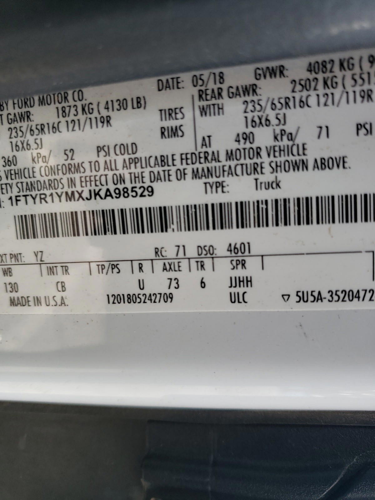 Photo 10 from auction – 2018 FORD TRANSIT T- with VIN 1FTYR1YMXJKA98529