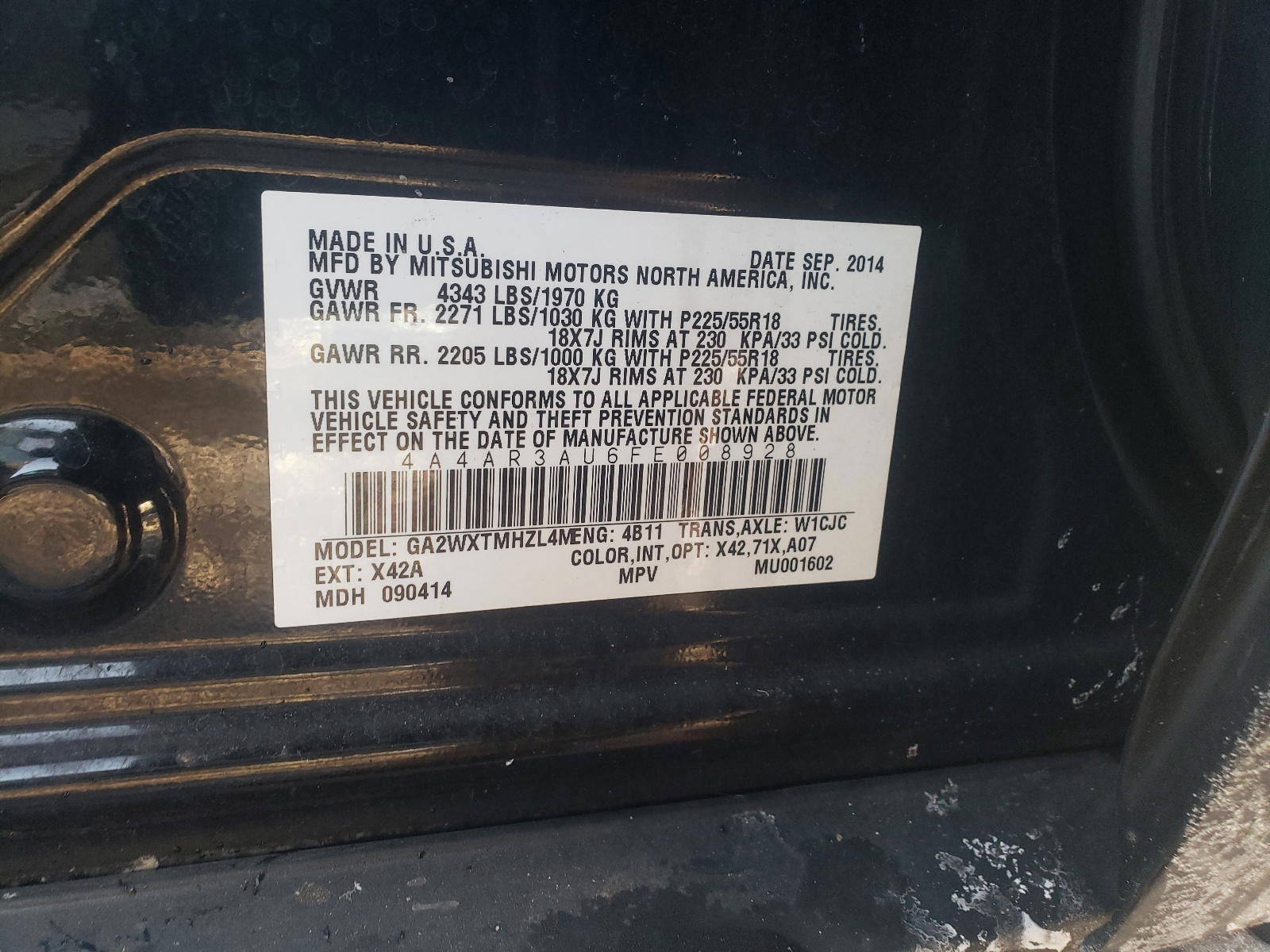 Photo 10 from auction – 2015 MITSUBISHI OUTLANDER with VIN 4A4AR3AU6FE008928