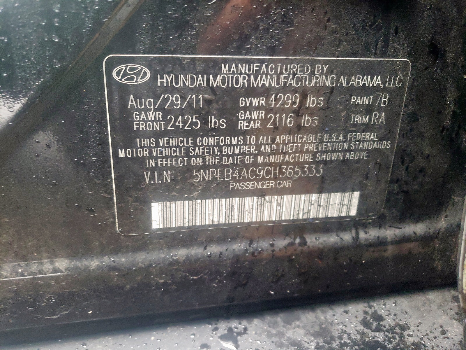 Photo 10 from auction – 2012 HYUNDAI SONATA GLS with VIN 5NPEB4AC9CH365333