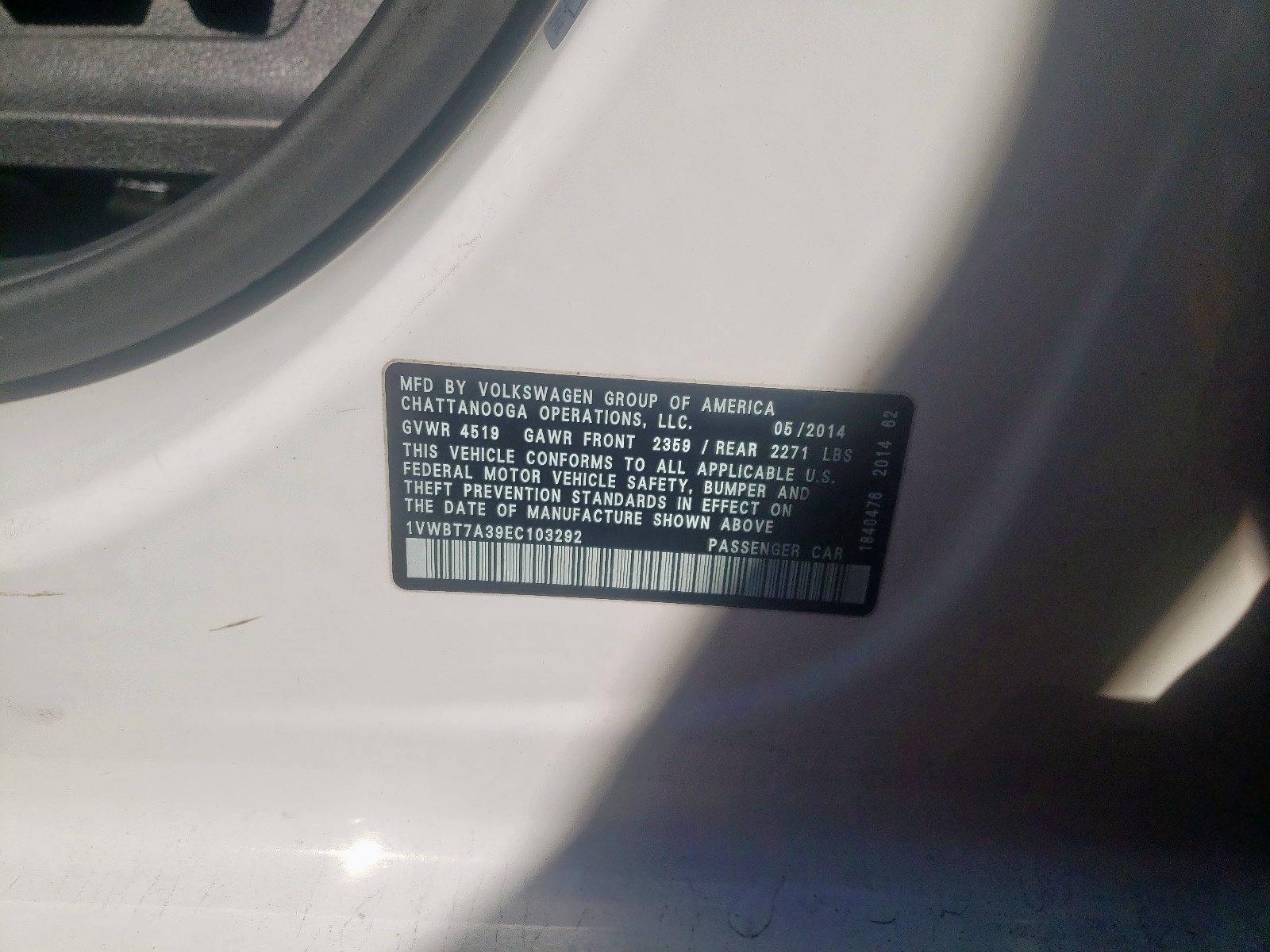Photo 10 from auction – 2014 VOLKSWAGEN PASSAT SE with VIN 1VWBT7A39EC103292