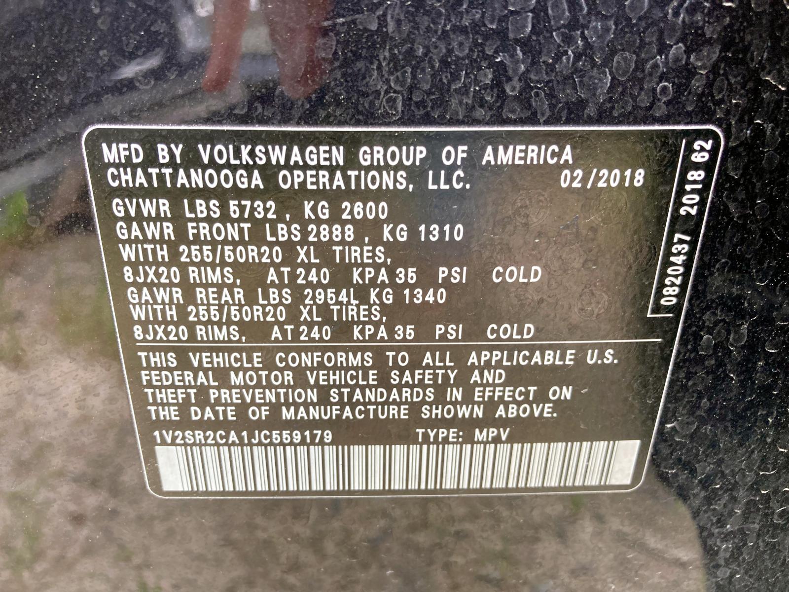 Photo 10 from auction – 2018 VOLKSWAGEN ATLAS SE with VIN 1V2SR2CA1JC559179