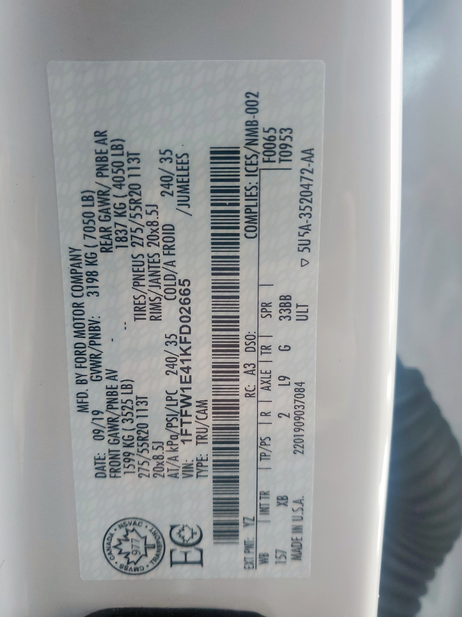 Photo 10 from auction – 2019 FORD F150 SUPER with VIN 1FTFW1E41KFD02665