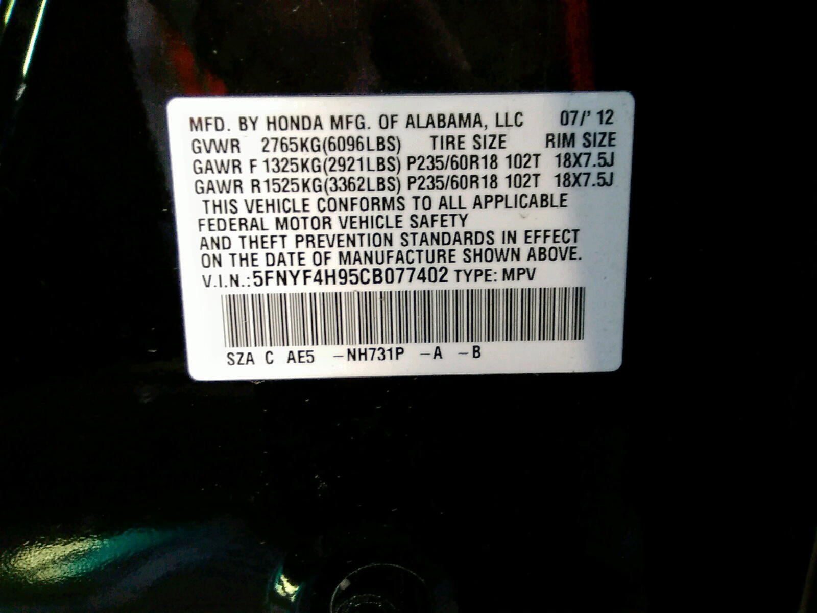 Photo 10 from auction – 2012 HONDA PILOT TOUR with VIN 5FNYF4H95CB077402