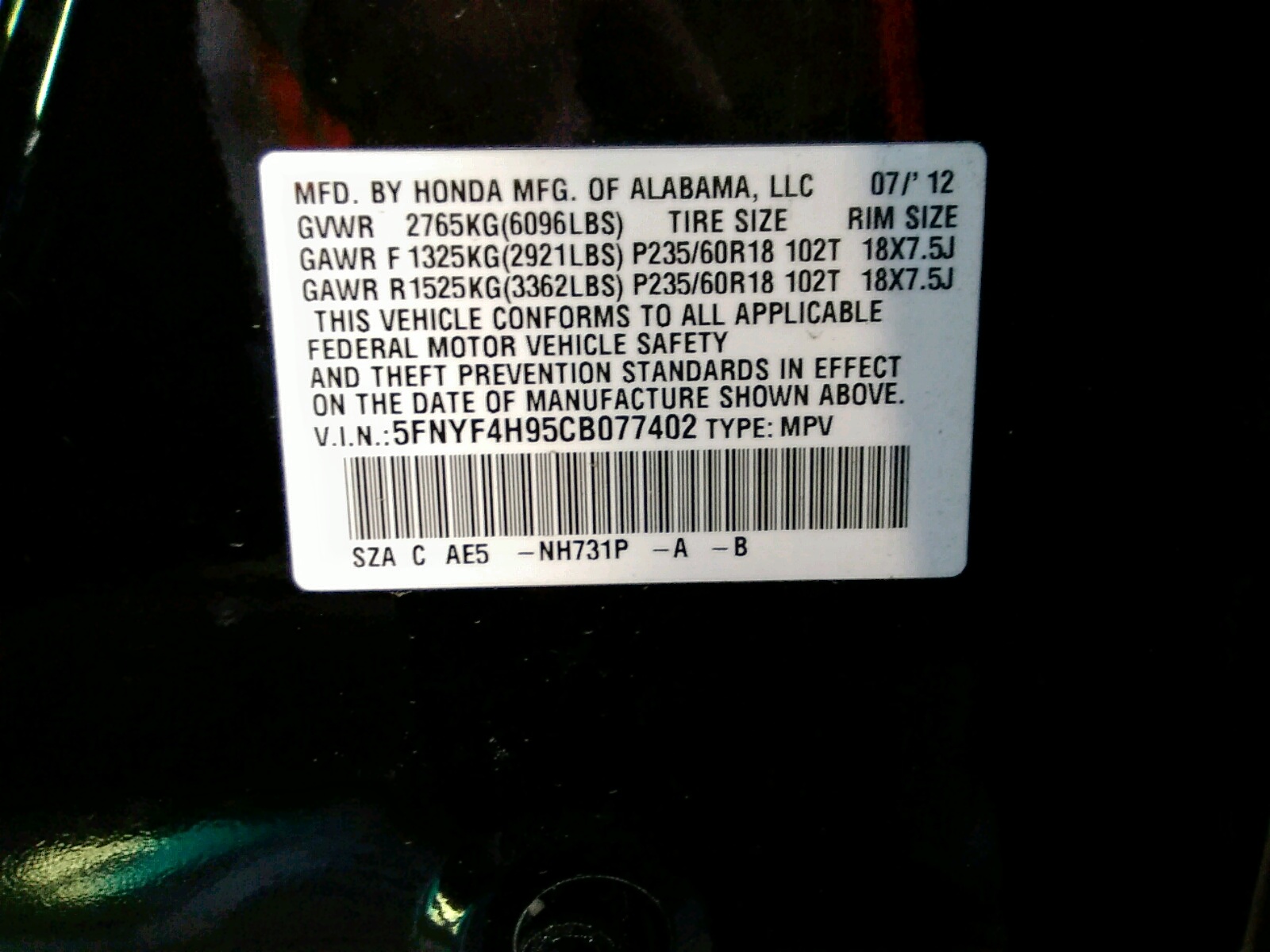 Foto 10 de la subasta – 2012 HONDA PILOT TOUR con VIN 5FNYF4H95CB077402