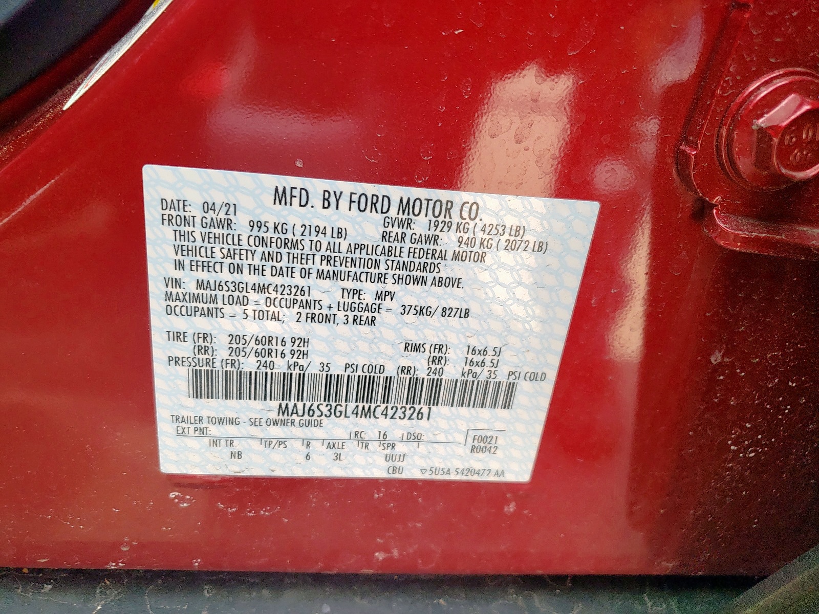 Photo 10 from auction – 2021 FORD ECOSPORT S with VIN MAJ6S3GL4MC423261