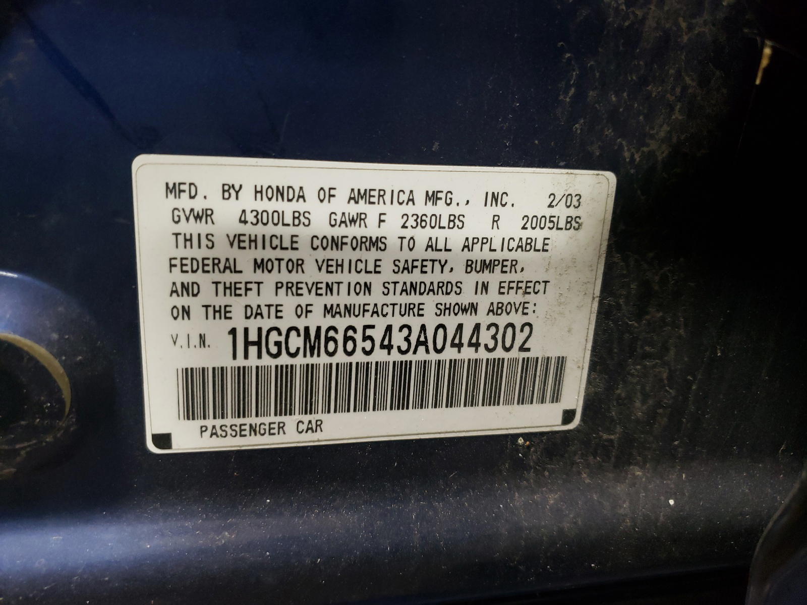 Photo 10 from auction – 2003 HONDA ACCORD EX with VIN 1HGCM66543A044302